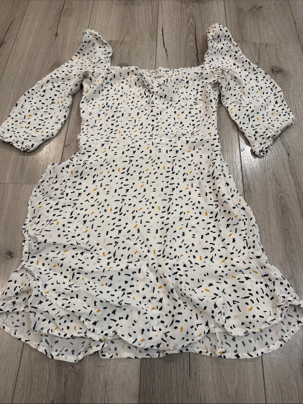White Printed Puff-Sleeve Mini Dress with Square Neckline